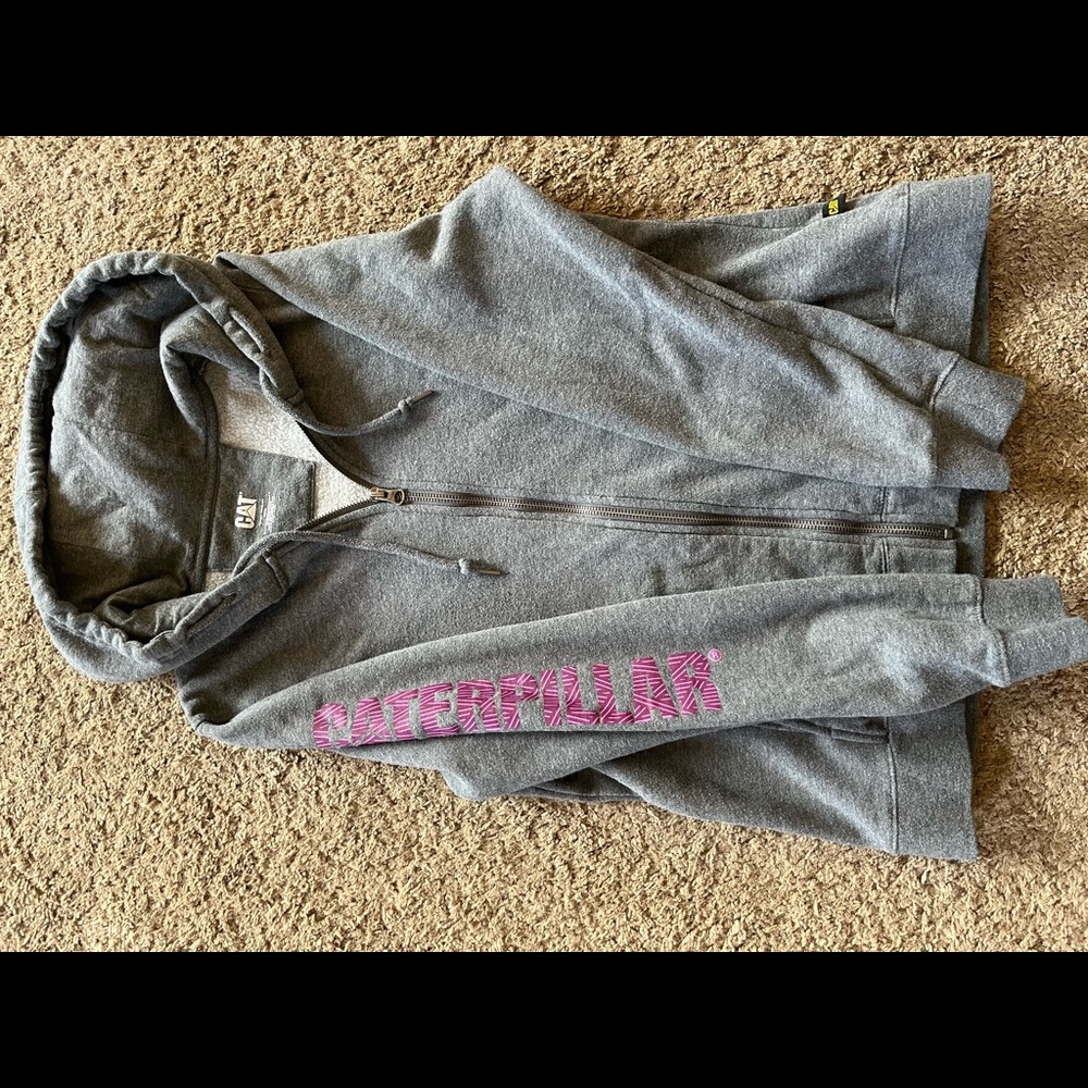 Grey caterpillar brand hooded zip up sweatshirt
